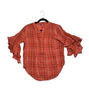 Vince Camuto Plaid Ruffle Sleeve Pin Tuck Relaxed Blouse Women's Sz XS Apple Red